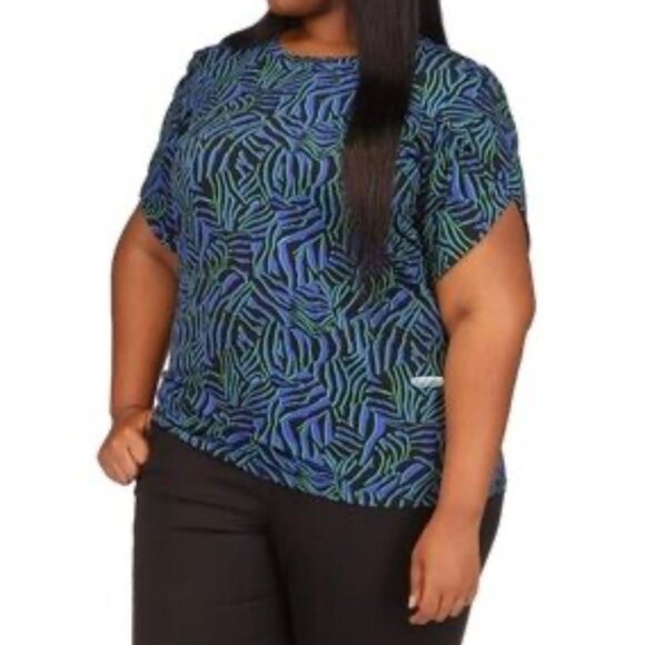 Michael Kors Womens 2X Top Black Blue & Green Abstract Print Short Sleeve - Picture 1 of 10